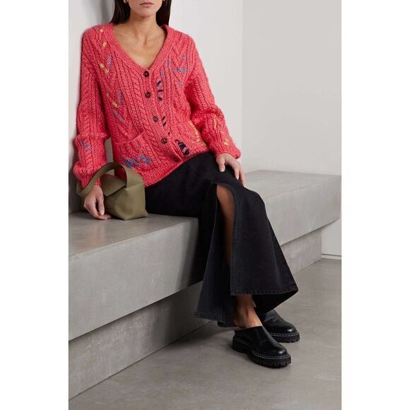 Lingua Franca - Embroidered Cable-knit Alpaca  Wool-blend Cardigan Coral Large - Picture 1 of 10